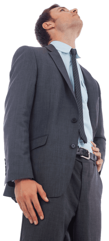 Businessman in Suit Looking Upward with Hand on Hip in Transparent Background