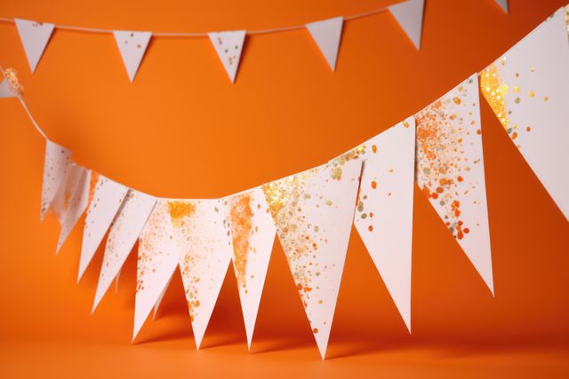 White bunting hanging against vivid orange backdrop creating a cheerful ambiance. Ideal for party decorations, celebratory events, and festive occasions. Versatile use for invitations, greeting cards, social media posts, and marketing materials to add a pop of color and fun.