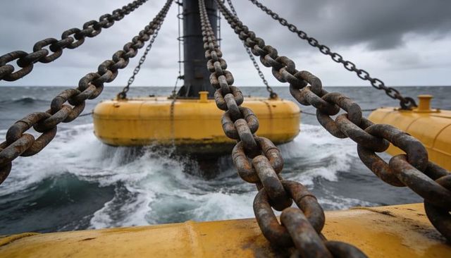 Rusted Mooring Chains Converging on Yellow Offshore Buoy in Stormy Sea