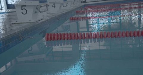 Quiet indoor swimming pool with lane markers and starting blocks