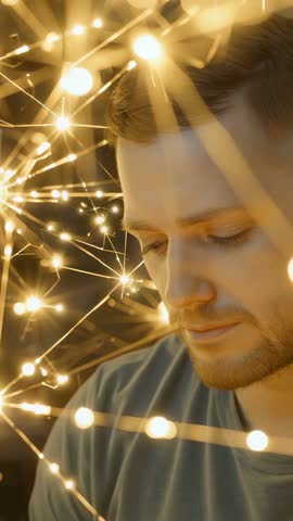 Vertical video: Man processing pulsing network lights, exploring digital innovation