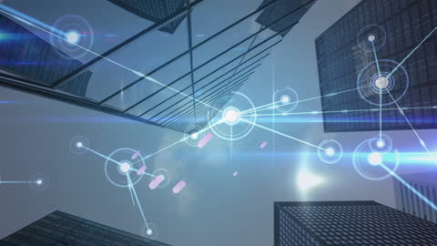 Futuristic Network of Connections Over Modern Skyscrapers