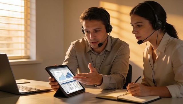 Collaborative team analyzing sales charts on tablet with headsets in modern office