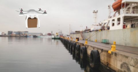 Delivery drone hovers at commercial port