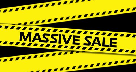 Massive sale banner with yellow tape overlay