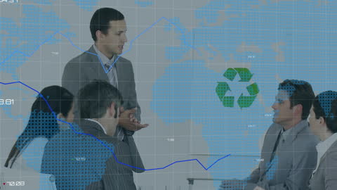 Business Meeting with Data Overlay and Eco Symbol