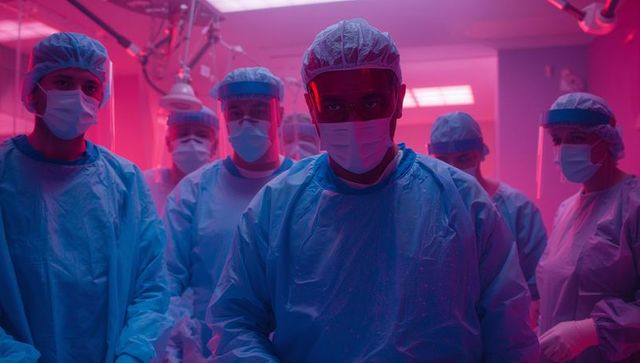 Surgical Team in Neon Lit Operating Room Bonding During Procedure