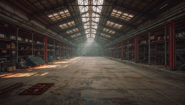 Vast Warehouse Interior with Steel Trusses and Skylights