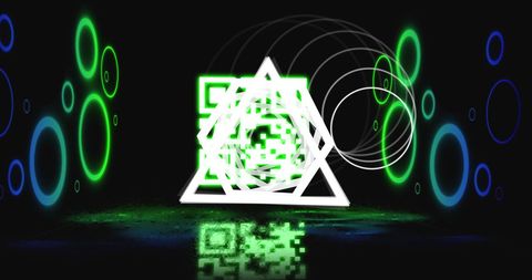 Glowing QR Code with Neon Geometric Shapes and Digital Effects