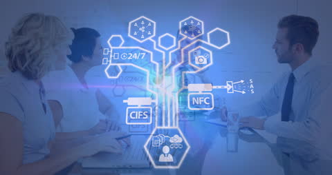 Diverse Business Team Analyzing Digital Network Data Futuristic Setting