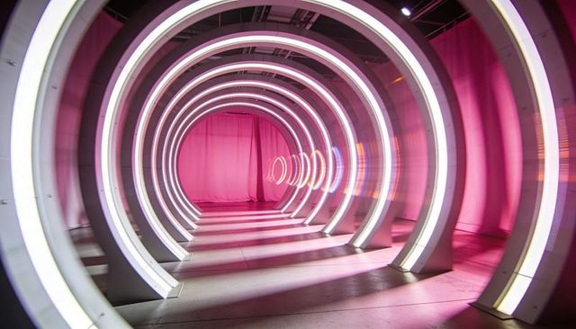 Drawing led ring tunnel with magenta light and reflective floor creating futuristic passage