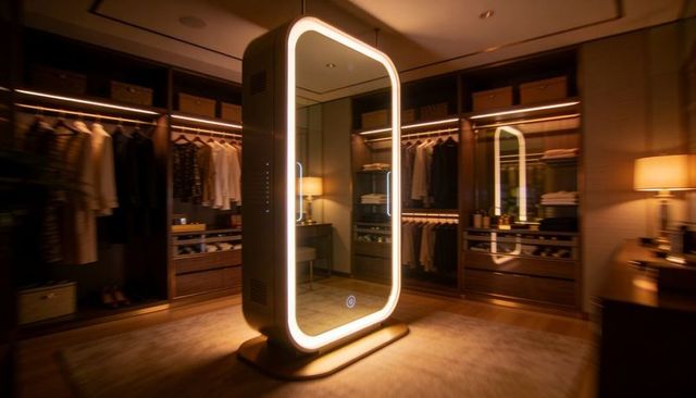 Illuminated smart mirror transforming luxury walk-in closet with dark wood wardrobes
