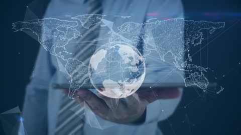 Businessman Holding Tablet with Digital World Map Projection