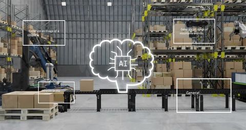 AI brain overlay hovering above conveyor in automated warehouse with robotic arm
