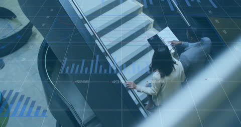 Business Team Discussing Reports with Financial Data Overlay