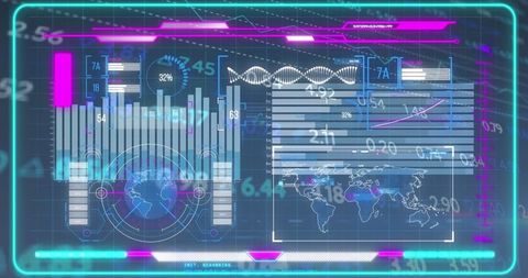 Futuristic holographic interface with bar charts and maps