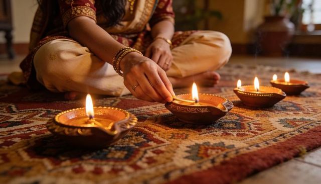South asian woman lighting clay diyas on patterned rug during diwali evening celebration
