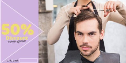 barbershop discount voucher with hairdresser and male client - Download Free Stock Templates Pikwizard.com