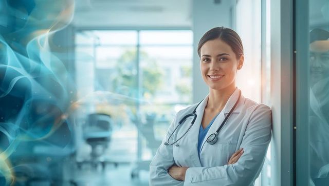 Confident female doctor leaning on glass in modern hospital corridor, smiling
