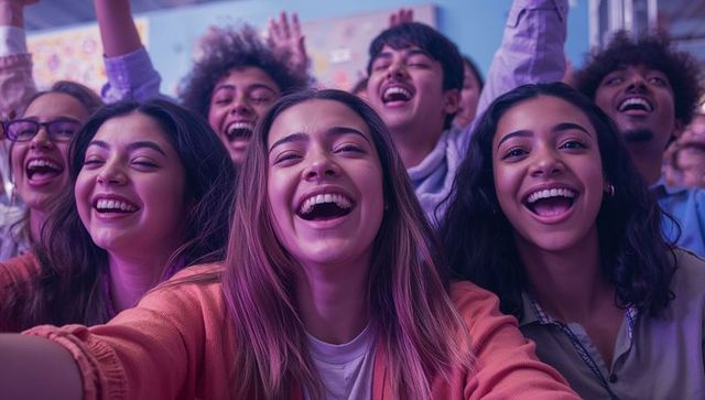 Teenagers Enjoying Night Out Capture Lively Selfie Moment