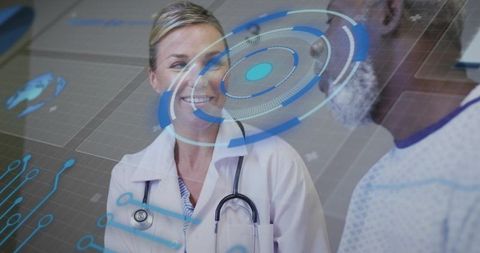 Female doctor consulting patient with holographic medical interface and digital diagnostics