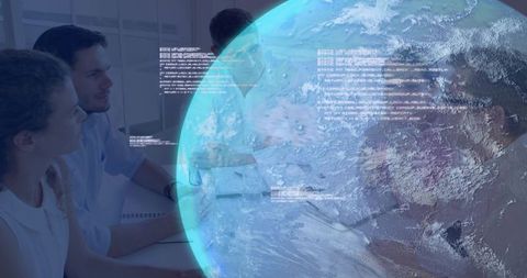 Multidisciplinary team collaborating on global data visualization and analytics with earth overlay