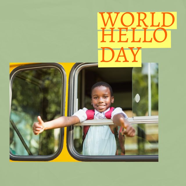 Composition of world hello day text with african american schoolboy with thumbs up in school bus. Hello day and celebration concept digitally generated image.
