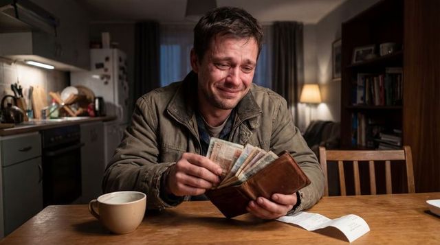 Counting bills at kitchen table showing emotional strain and financial worry