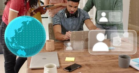 Diverse team collaborating with augmented reality globe and user interface overlays