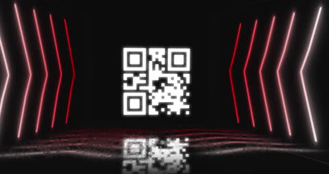 QR Code with Futuristic Neon Lights Reflecting on Wet Surface