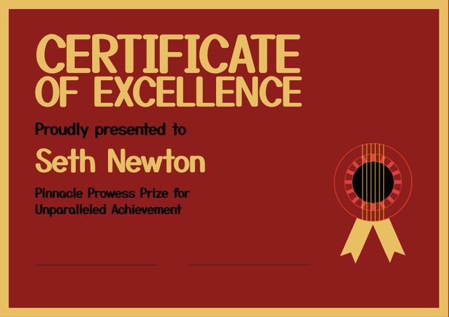 Bold, elegant certificate of excellence featuring a distinct guitar emblem on red background. Ideal for celebrating outstanding achievements and unparalleled accomplishments in various fields. Perfect for schools, corporate settings, competitions, and events where formal recognition is essential.