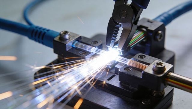 Welding fiber-optic and copper conductors sparking under serrated pliers on bench