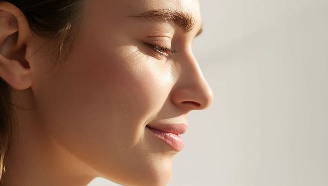 Smiling woman in right profile basking in warm directional light, serene skin closeup