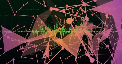 Neon Data Network Visualization with Glowing Nodes, Waveform Readouts and Geometric Mesh