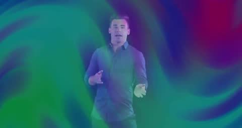 Dynamic Business Presenter with Swirling Technicolor Background
