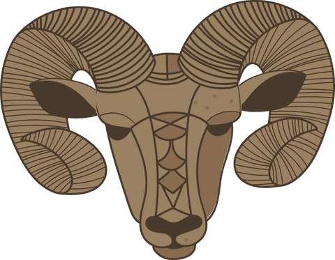 Geometric ram head illustration with curved horns on transparent background