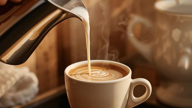 Pouring milk creating heart latte art in ceramic cup with steam and creamy crema macro