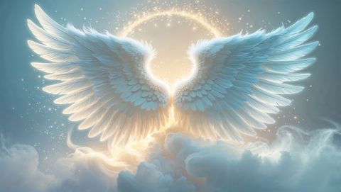 Celestial angel wings with radiant halo in mystical sky