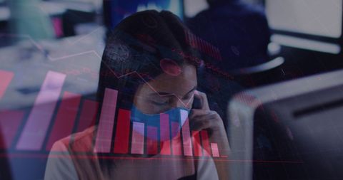 Businesswoman Analyzing Financial Data with Virtual Graph Overlay