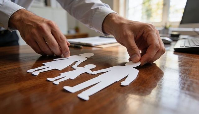Advisor arranging paper family cutouts on wooden desk for family planning consultation