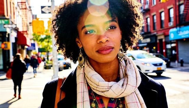 Contemplating woman with curly hair wearing plaid scarf and leather bag on sunlit streets