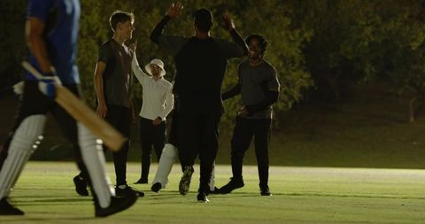 Cricket team celebrating wicket under floodlights, diverse players showing teamwork