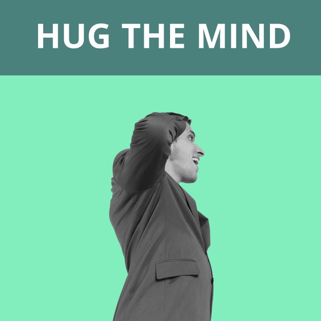 Inspirational design featuring 'Hug The Mind' message with a happy Caucasian man on a green background. Ideal for motivational posters, mental health awareness campaigns, social media graphics, and office décor. This positive visual theme encourages self-care and mental well-being.