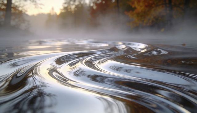 Shimmering metallic ripples reflecting autumn forest and morning mist on calm pond