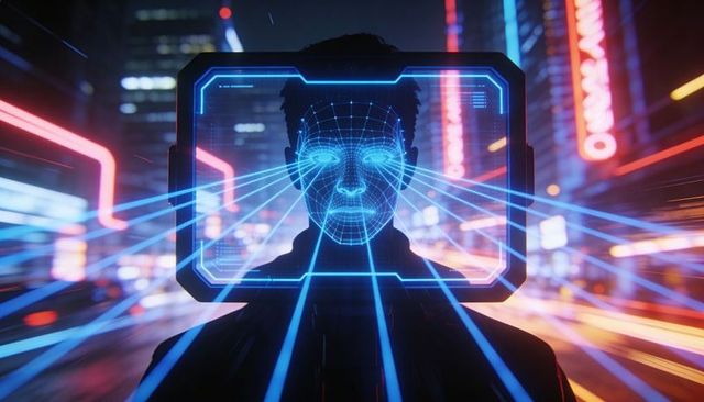 Male figure getting facial scan from hud on neon cyberpunk street surveillance night