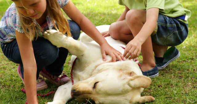 Two children joyfully interacting with a friendly Labrador dog on a grassy field, emphasizing themes of pet ownership, outdoor activity, and child-dog friendship. Ideal for use in articles or advertisements related to childhood, pets, family activities, and outdoor recreation.