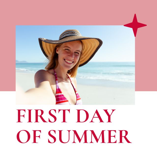 Woman wearing a wide-brimmed hat smiling joyfully at the beach, symbolizing the arrival of summer. Her casual outfit and vibrant energy make the scene feel inviting and relaxed. Perfect for use in promotional campaigns for summer events, travel destinations, and leisure activities.