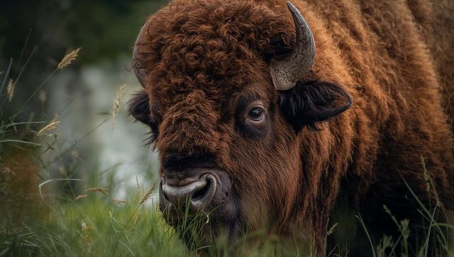 Close-up american bison grazing in tall meadow with curly mane and horn