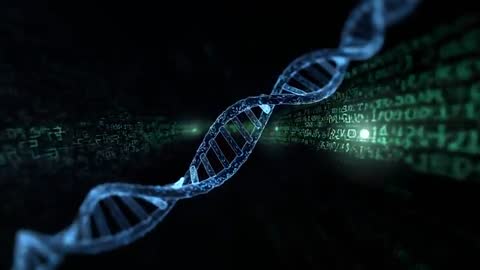 Rotating DNA Helix with Streaming Digital Code in Futuristic Tunnel