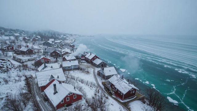 Aerial view showing red wooden cottages on snowy slope with frozen turquoise sea and chimney smoke